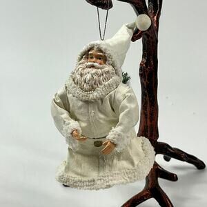 White Fabric Mache Hanging Santa Ornament Rustic Christmas Doll 5.5" Cabincore